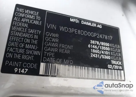 2016 Mercedes-Benz Sprinter 2500 High Roof from USA, damaged, VIN WD3PE8DD0GP247817